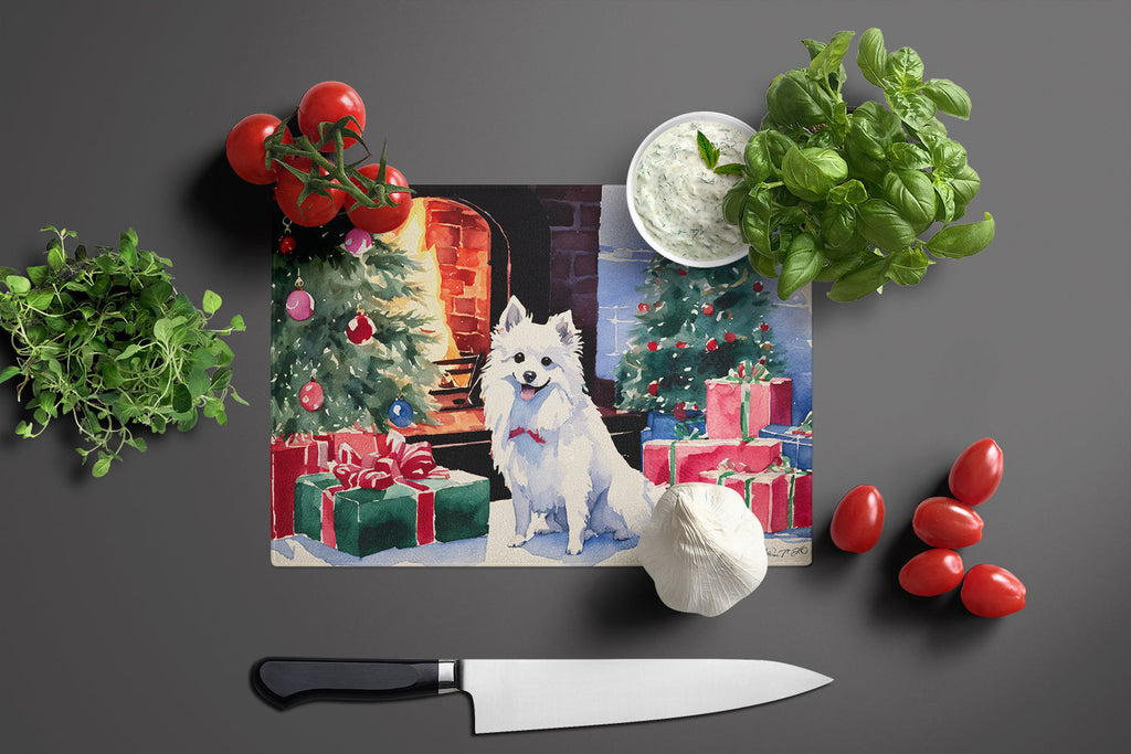 Japanese Spitz Cozy Christmas Cutting Board Tempered Glass Kitchen Cutting Surface, Heat Resistant Chopping, Non-Slip Feet, Food Prep & Serving