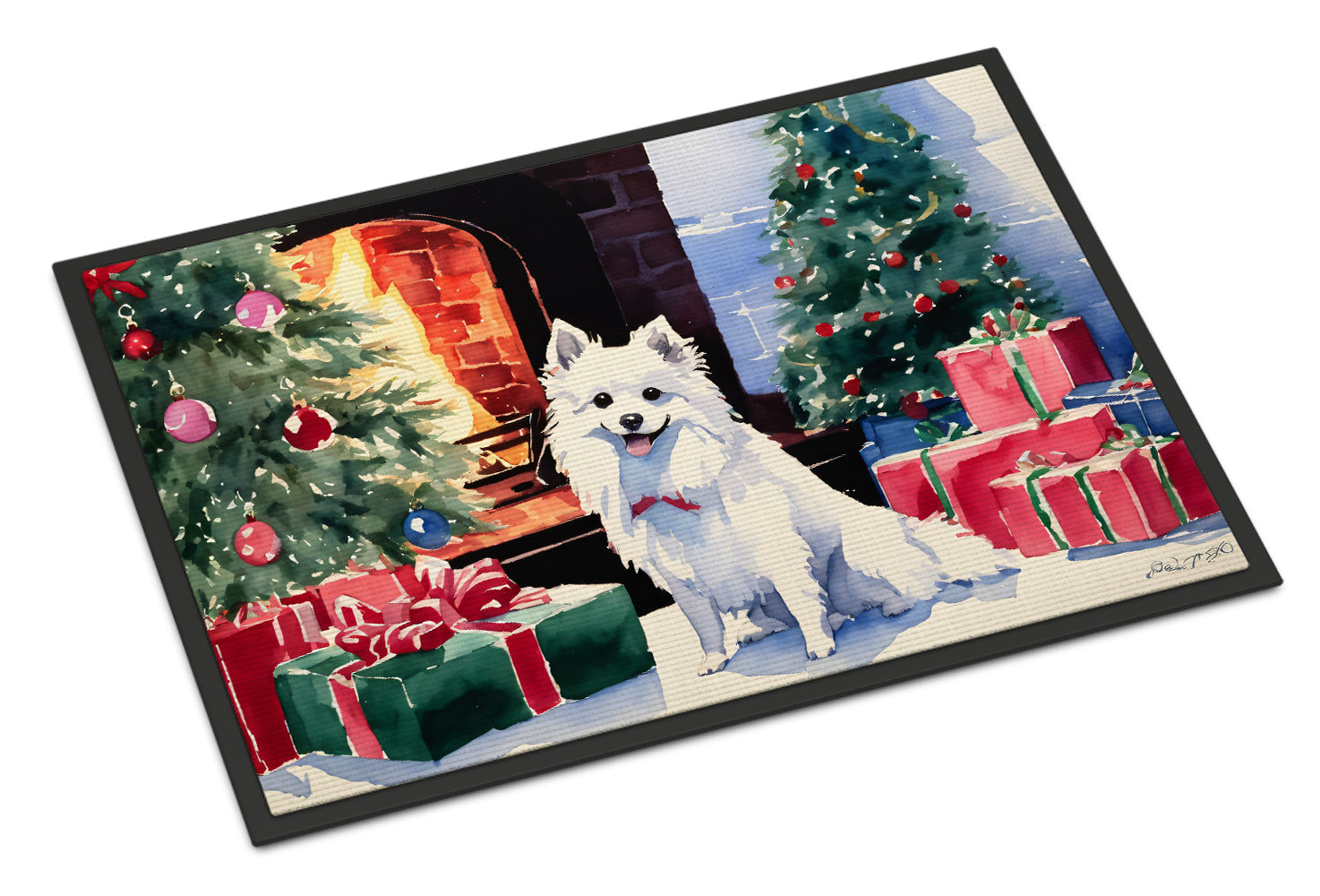 Japanese Spitz Cozy Christmas Doormat Indoor Outdoor 18H X 27W Front Door Mat Rugs for Entryway, Non Slip Washable