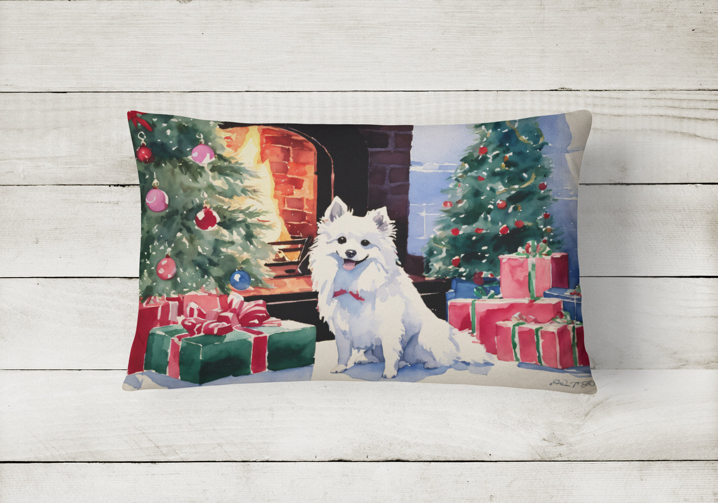 Japanese Spitz Cozy Christmas Decorative Throw Pillow 12x16 Indoor Outdoor Accent Cushion, Fabric Cover with Insert for Sofa, Bed, Porch & Living Room