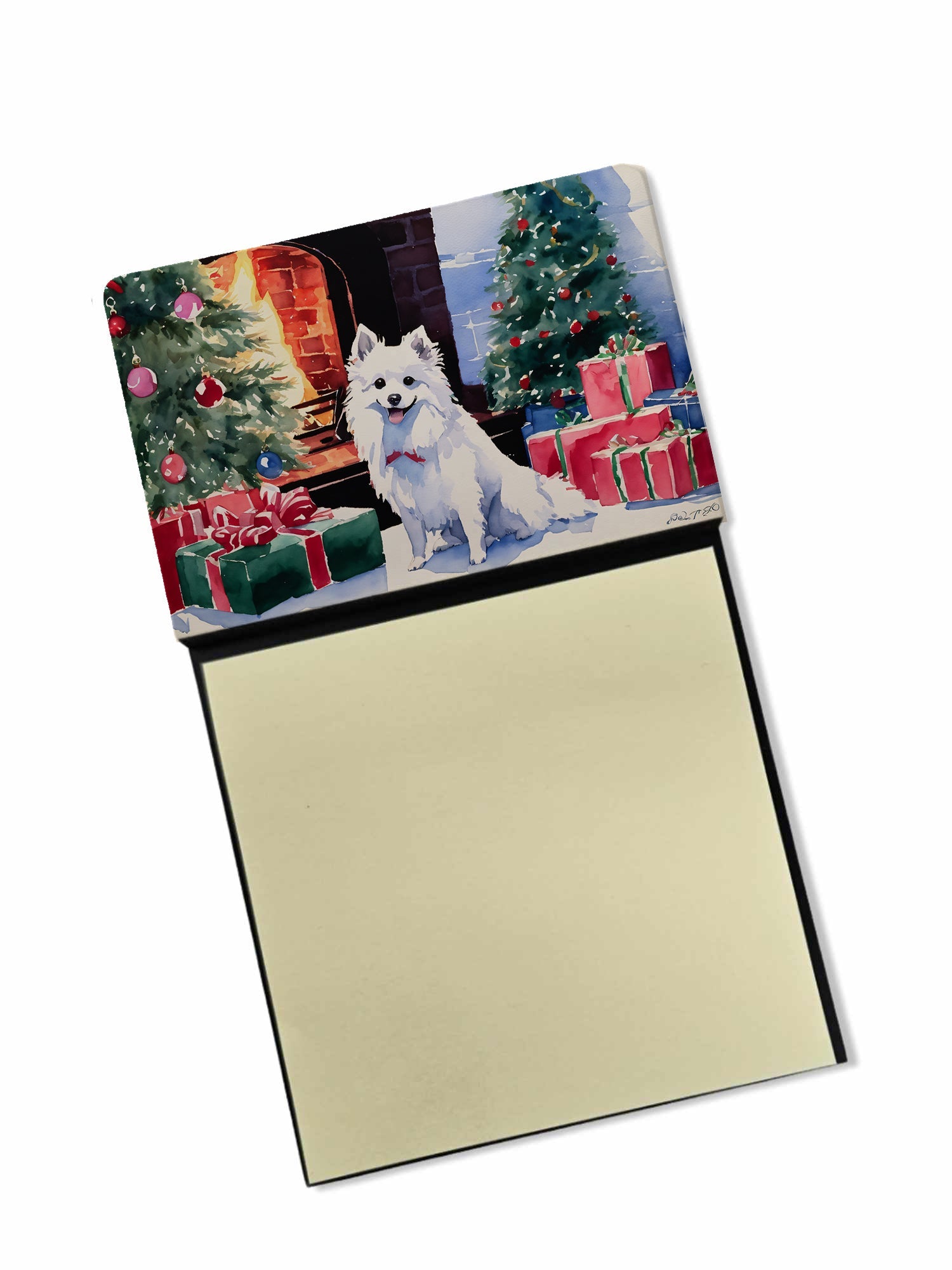 Japanese Spitz Cozy Christmas Watercolor Sticky Note Holder Refillable Dispenser Desk Accessory 3x3 Pad Gift