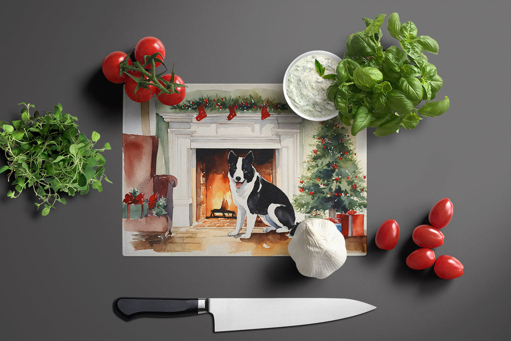 Karelian Bear Dog Cozy Christmas Cutting Board Tempered Glass Kitchen Cutting Surface, Heat Resistant Chopping, Non-Slip Feet, Food Prep & Serving