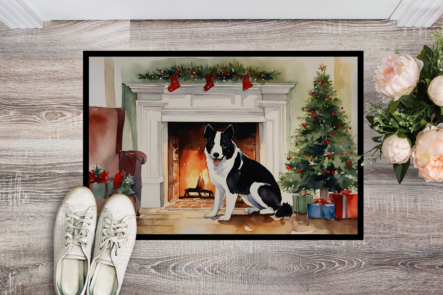 Karelian Bear Dog Cozy Christmas Doormat Indoor Outdoor 18H X 27W Front Door Mat Rugs for Entryway, Non Slip Washable