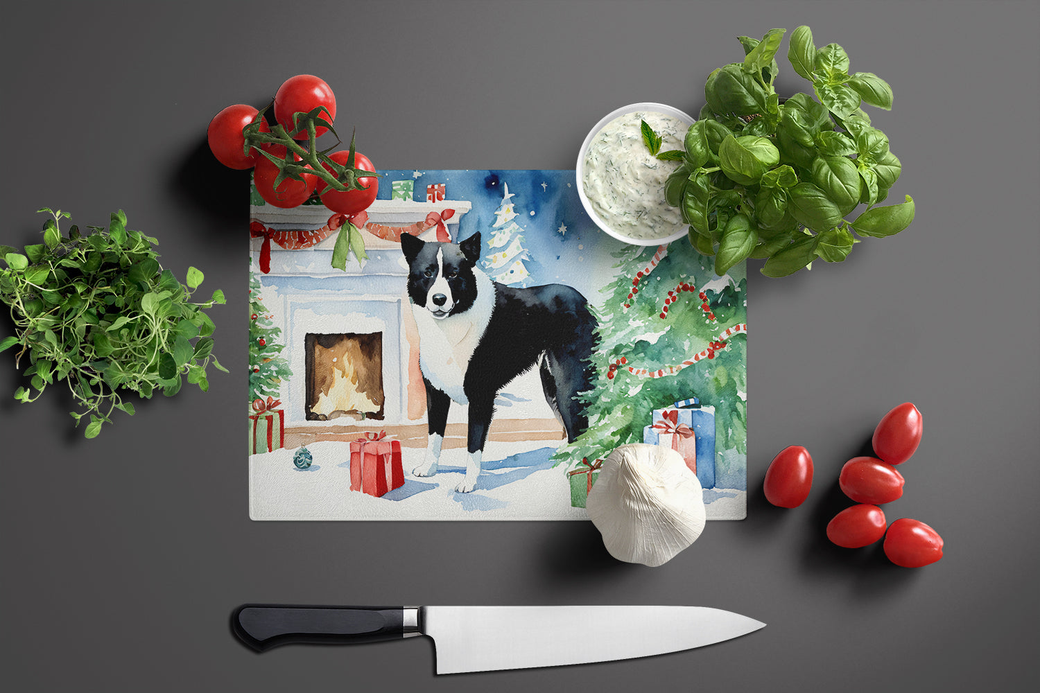 Karelian Bear Dog Cozy Christmas Cutting Board Tempered Glass Kitchen Cutting Surface, Heat Resistant Chopping, Non-Slip Feet, Food Prep & Serving