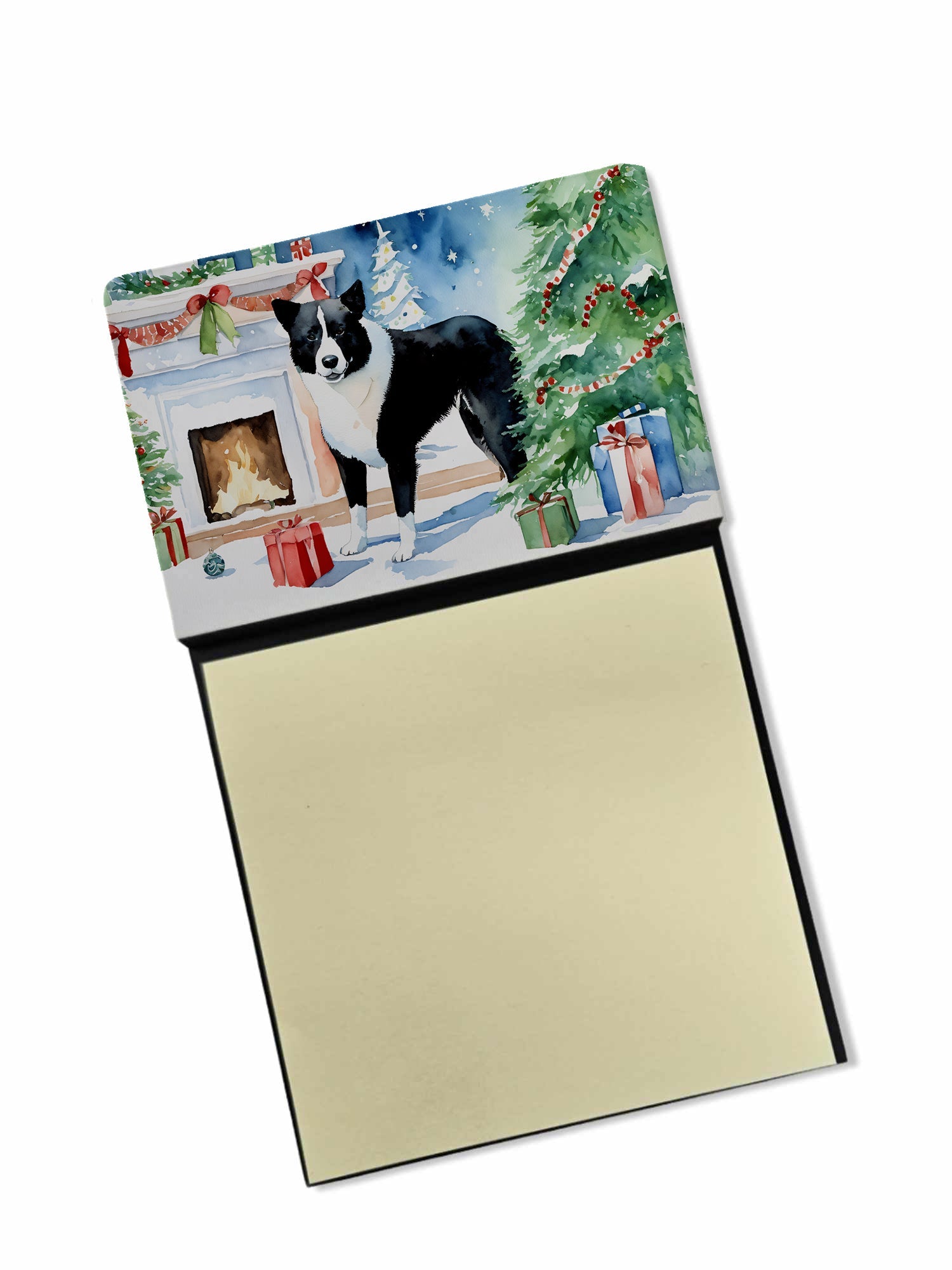 Karelian Bear Dog Cozy Christmas Watercolor Sticky Note Holder Refillable Dispenser Desk Accessory 3x3 Pad Gift