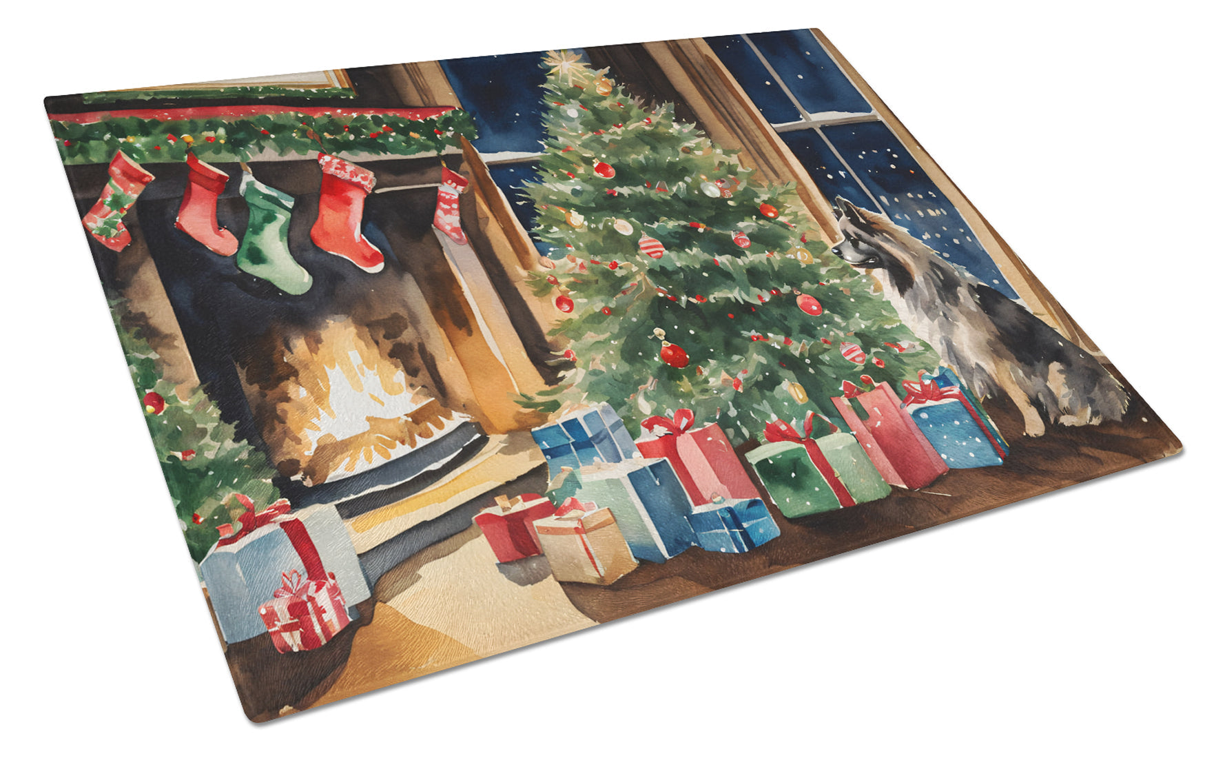 Keeshond Cozy Christmas Cutting Board Tempered Glass Kitchen Cutting Surface, Heat Resistant Chopping, Non-Slip Feet, Food Prep & Serving