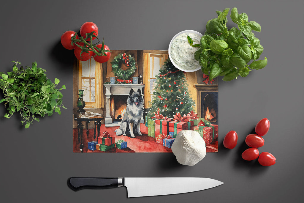 Keeshond Cozy Christmas Cutting Board Tempered Glass Kitchen Cutting Surface, Heat Resistant Chopping, Non-Slip Feet, Food Prep & Serving