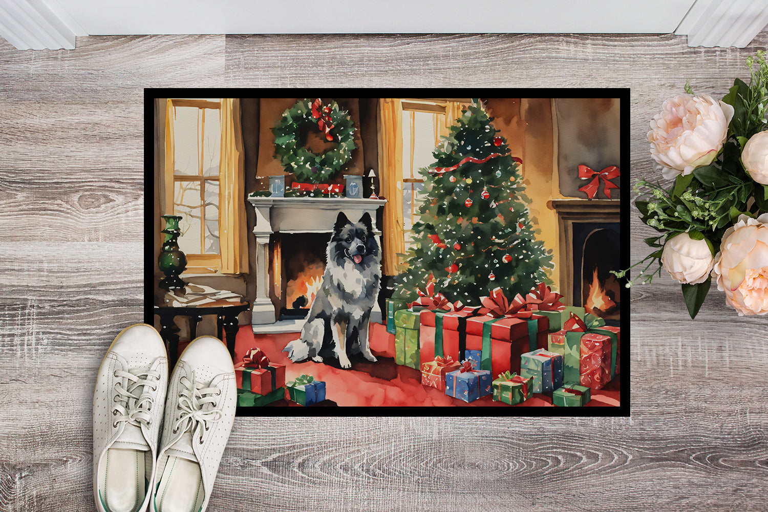 Keeshond Cozy Christmas Doormat Indoor Outdoor 18H X 27W Front Door Mat Rugs for Entryway, Non Slip Washable