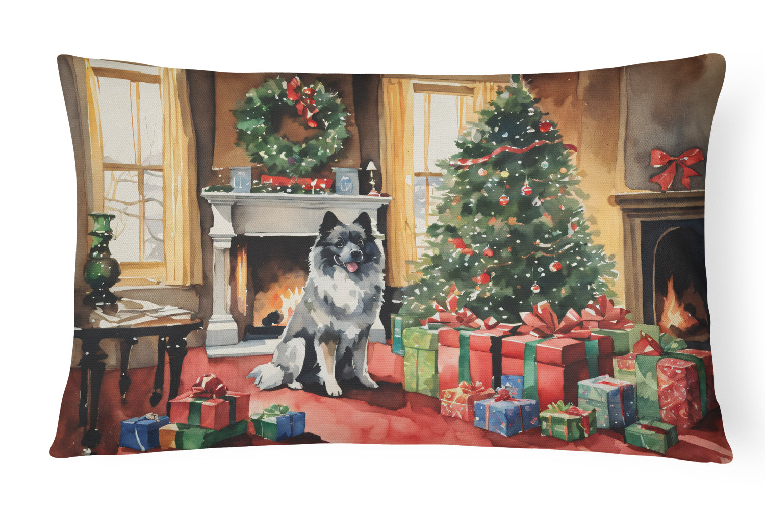 Keeshond Cozy Christmas Decorative Throw Pillow 12x16 Indoor Outdoor Accent Cushion, Fabric Cover with Insert for Sofa, Bed, Porch & Living Room