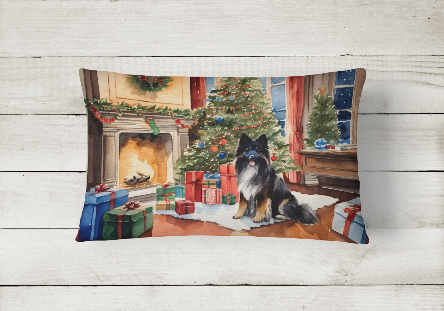 Keeshond Cozy Christmas Decorative Throw Pillow 12x16 Indoor Outdoor Accent Cushion, Fabric Cover with Insert for Sofa, Bed, Porch & Living Room