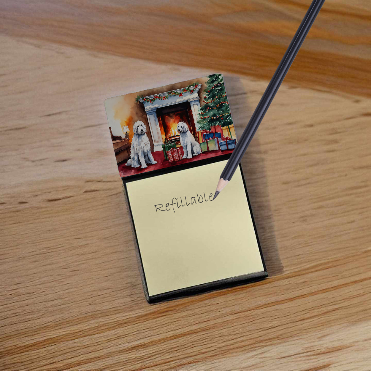 Komondor Cozy Christmas Watercolor Sticky Note Holder Refillable Dispenser Desk Accessory 3x3 Pad Gift