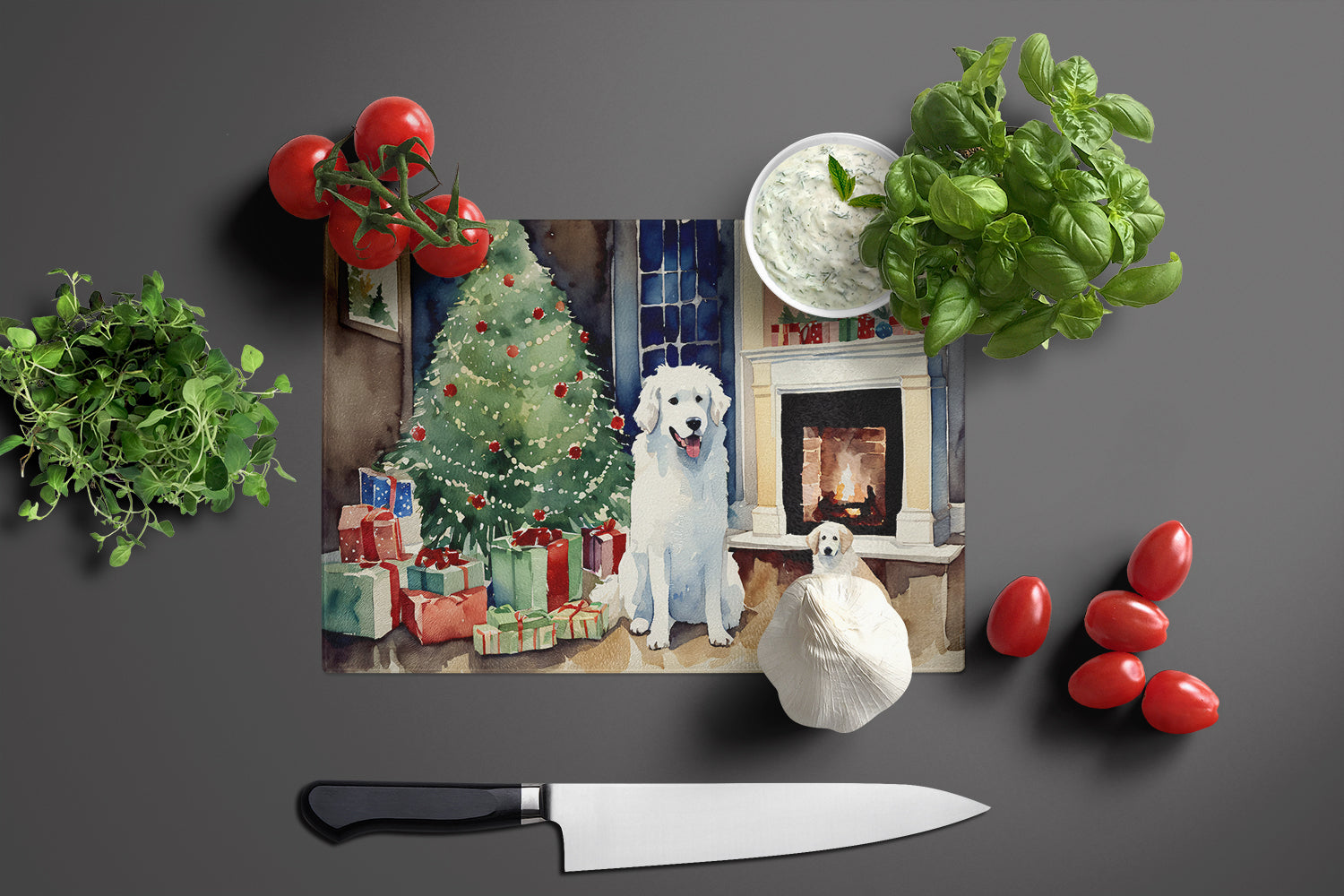 Kuvasz Cozy Christmas Cutting Board Tempered Glass Kitchen Cutting Surface, Heat Resistant Chopping, Non-Slip Feet, Food Prep & Serving