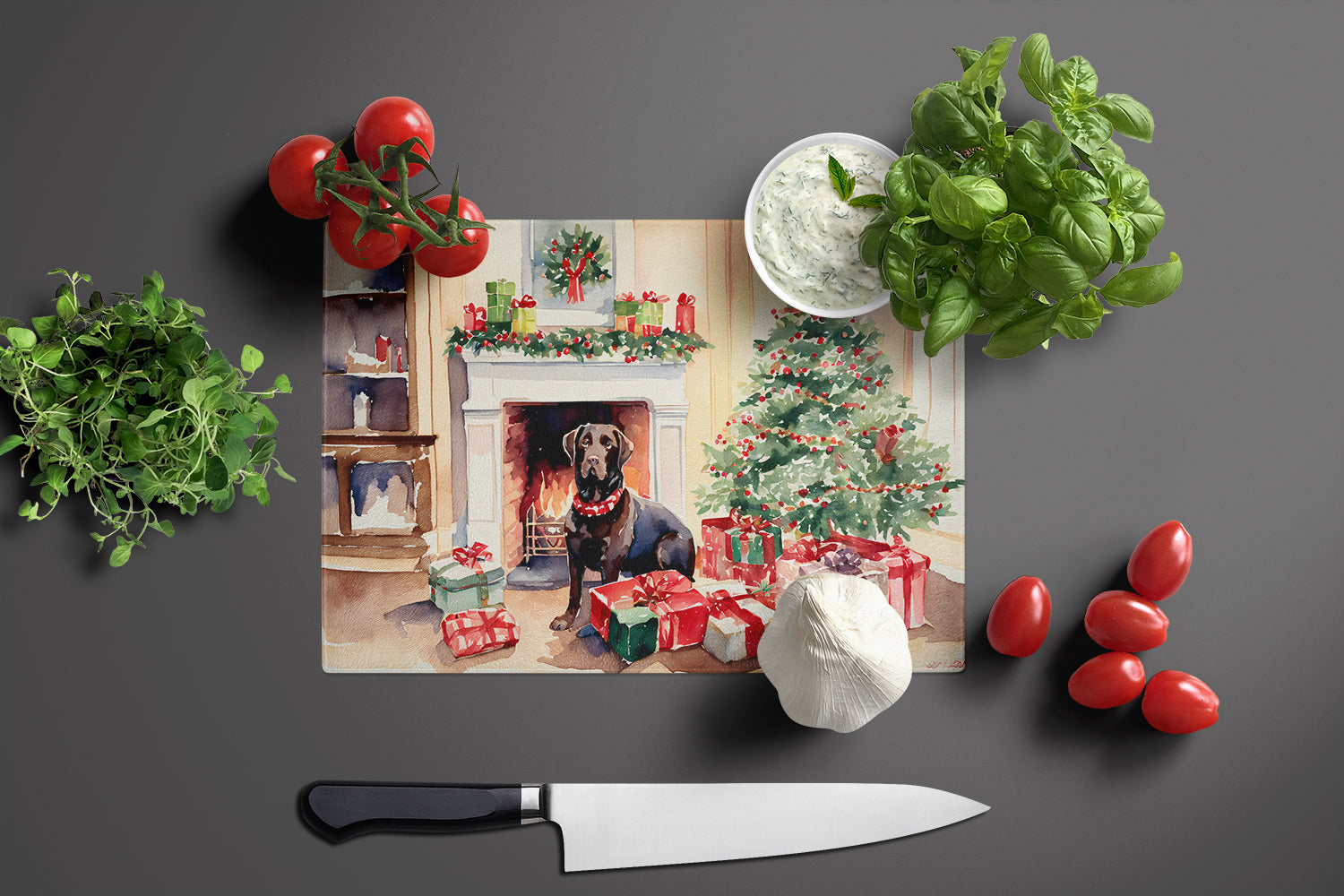 Labrador Retriever Cozy Christmas Cutting Board Tempered Glass Kitchen Cutting Surface, Heat Resistant Chopping, Non-Slip Feet, Food Prep & Serving