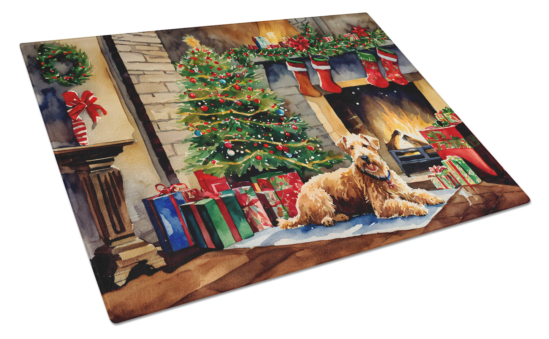 Lakeland Terrier Cozy Christmas Cutting Board Tempered Glass Kitchen Cutting Surface, Heat Resistant Chopping, Non-Slip Feet, Food Prep & Serving