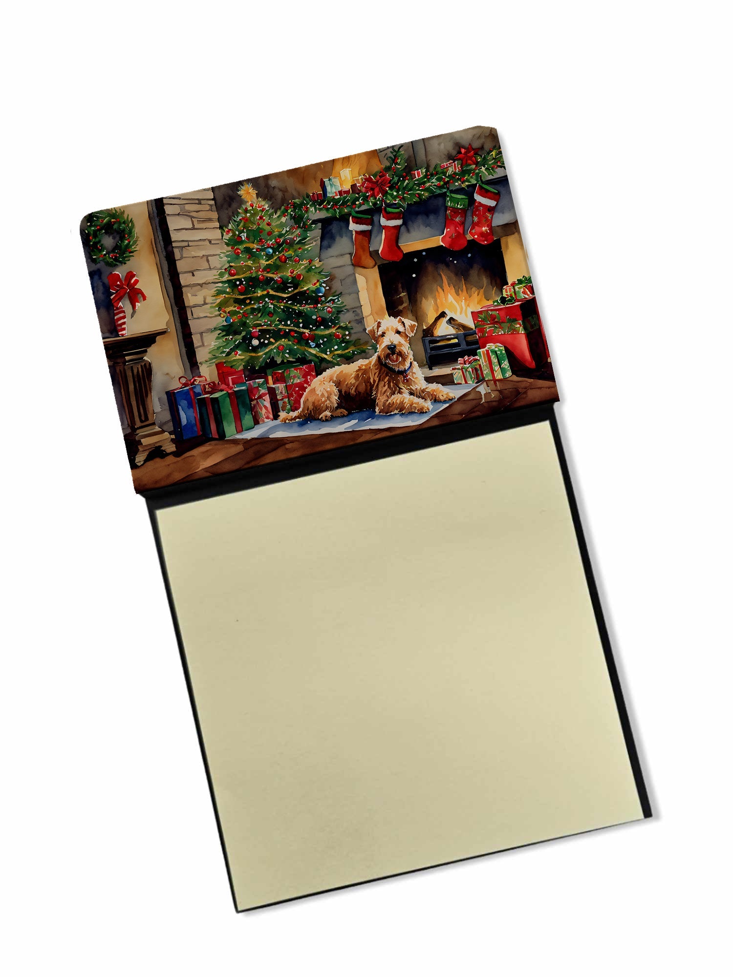 Lakeland Terrier Cozy Christmas Watercolor Sticky Note Holder Refillable Dispenser Desk Accessory 3x3 Pad Gift