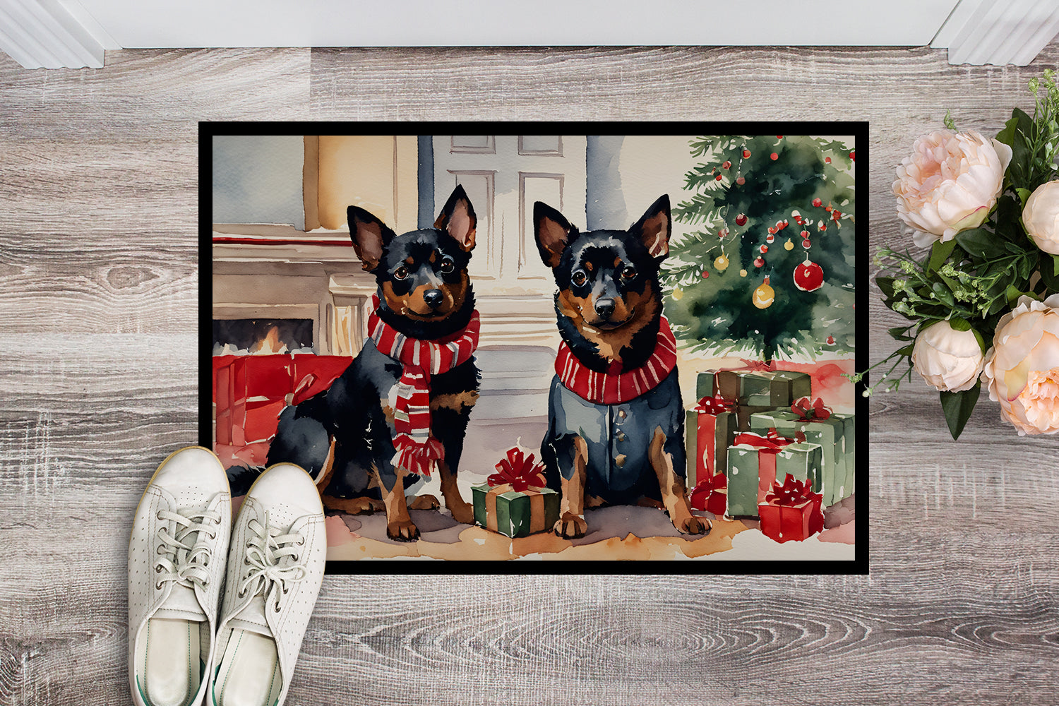 Lancashire Heeler Cozy Christmas Doormat Indoor Outdoor 24H X 36W Front Door Mat Rugs for Entryway, Non Slip Washable Low Pile,