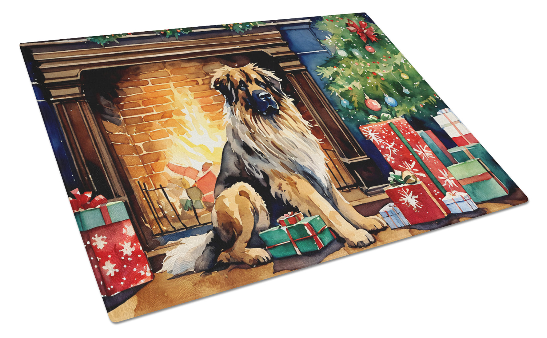 Leonberger Cozy Christmas Cutting Board Tempered Glass Kitchen Cutting Surface, Heat Resistant Chopping, Non-Slip Feet, Food Prep & Serving