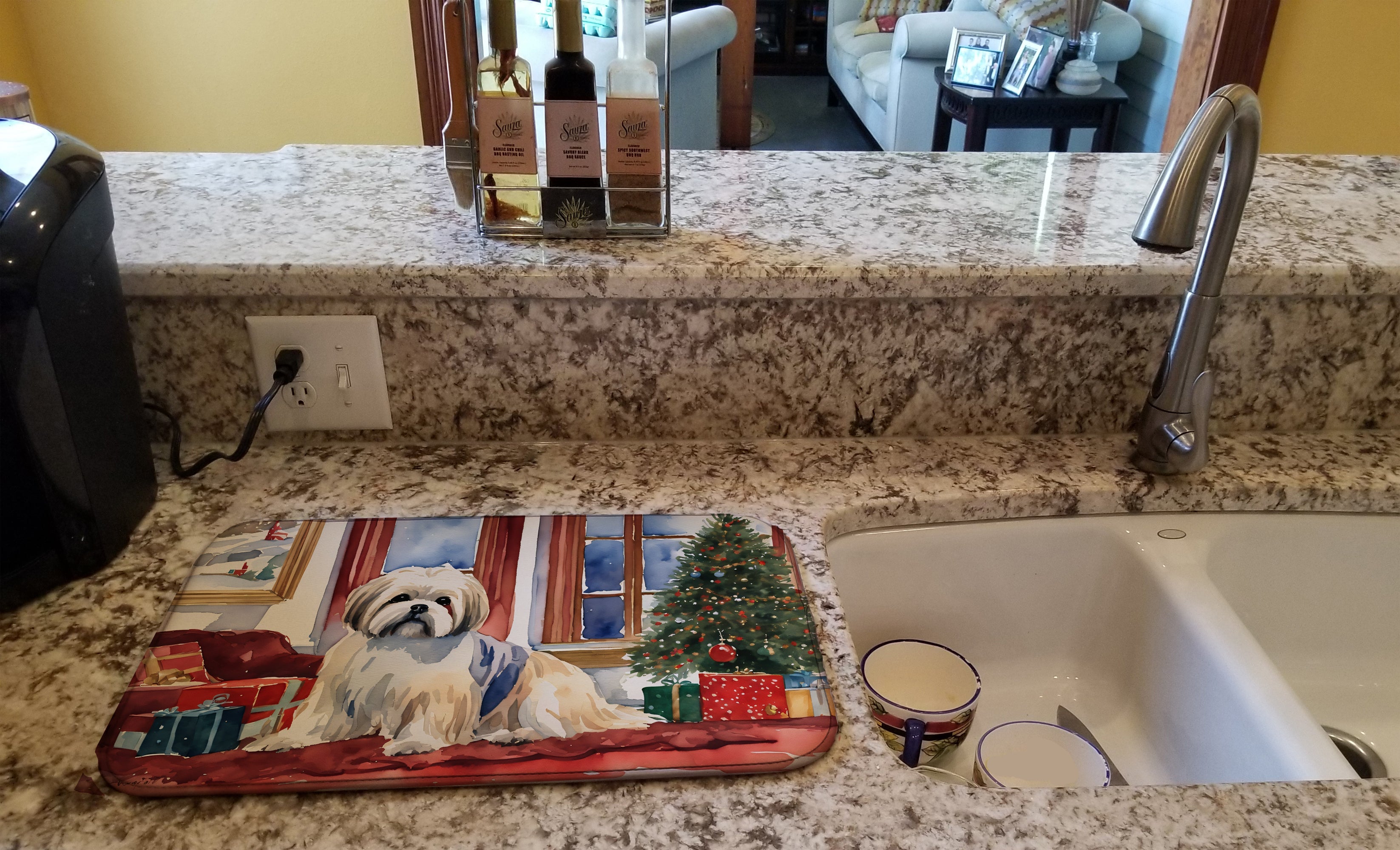 Lhasa Apso Cozy Christmas Dish Drying Mat Absorbent Dish Drying Mat Pad for Kitchen Counter Dish Drainer Mat for Countertop, 14 x 21", Multicolor