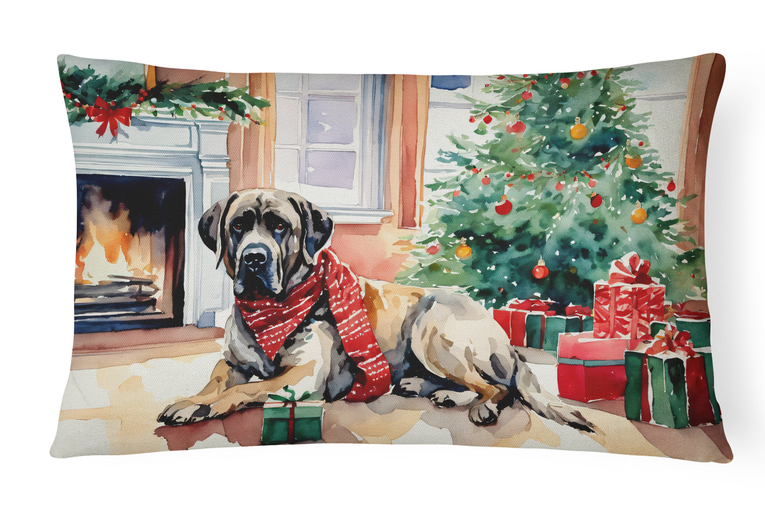 Mastiff Cozy Christmas Decorative Throw Pillow 12x16 Indoor Outdoor Accent Cushion, Fabric Cover with Insert for Sofa, Bed, Porch & Living Room