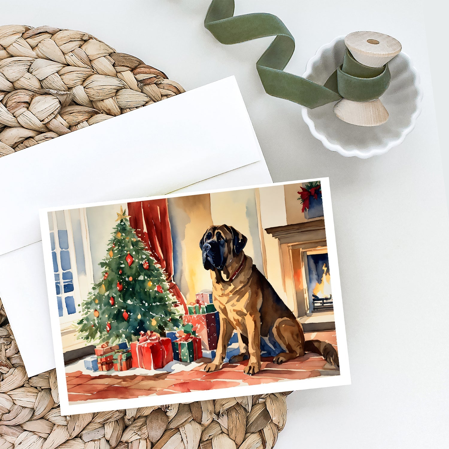 Mastiff Cozy Christmas Greeting Cards Pack of 8 Blank Cards with Envelopes Whimsical A7 Size 5x7