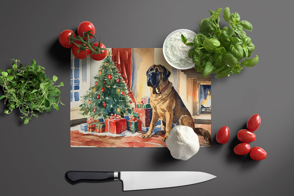 Mastiff Cozy Christmas Cutting Board Tempered Glass Kitchen Cutting Surface, Heat Resistant Chopping, Non-Slip Feet, Food Prep & Serving