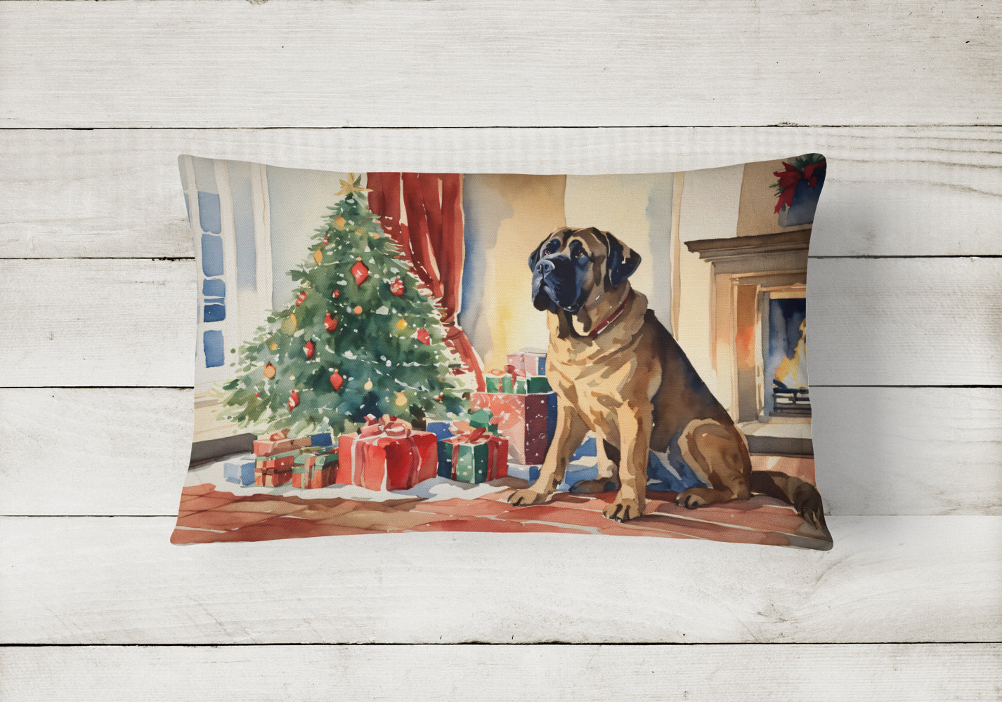 Mastiff Cozy Christmas Decorative Throw Pillow 12x16 Indoor Outdoor Accent Cushion, Fabric Cover with Insert for Sofa, Bed, Porch & Living Room
