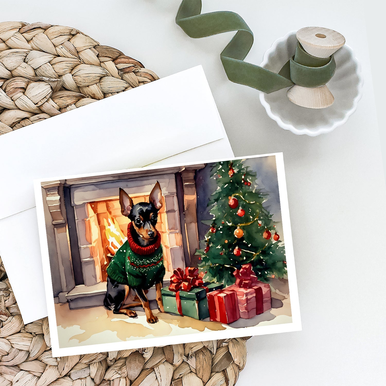 Miniature Pinscher Cozy Christmas Greeting Cards Pack of 8 Blank Cards with Envelopes Whimsical A7 Size 5x7