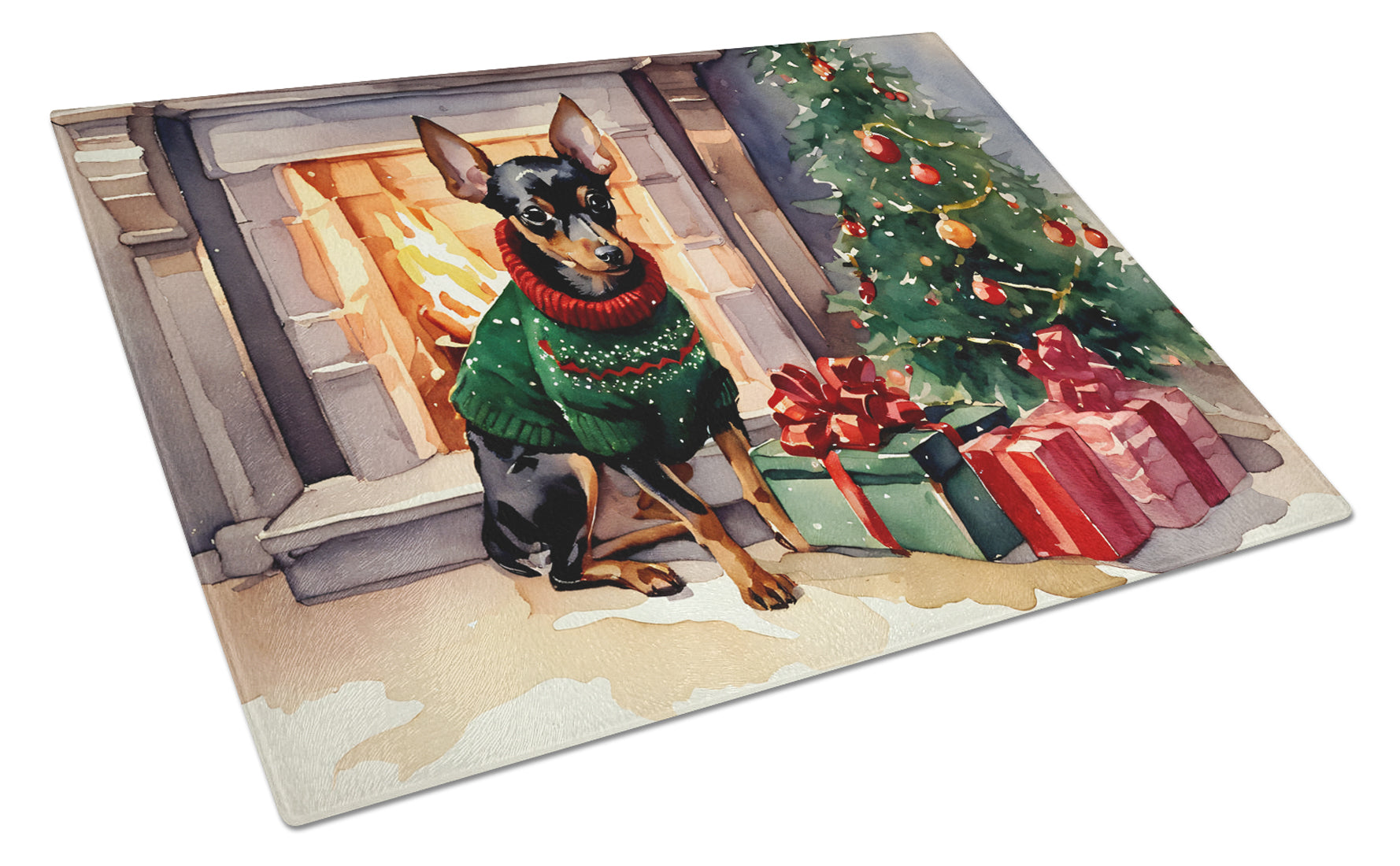 Miniature Pinscher Cozy Christmas Cutting Board Tempered Glass Kitchen Cutting Surface, Heat Resistant Chopping, Non-Slip Feet, Food Prep & Serving
