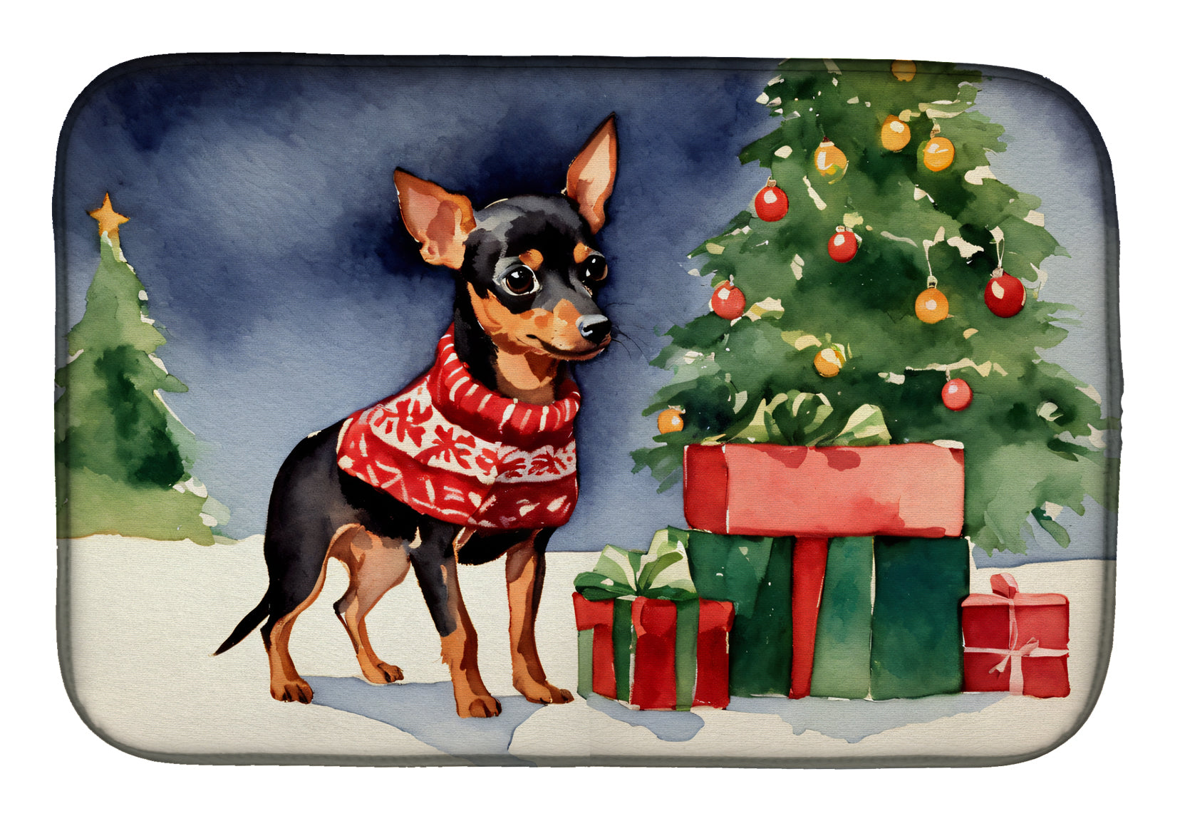 Miniature Pinscher Cozy Christmas Dish Drying Mat Absorbent Dish Drying Mat Pad for Kitchen Counter Dish Drainer Mat for Countertop, 14 x 21", Multicolor