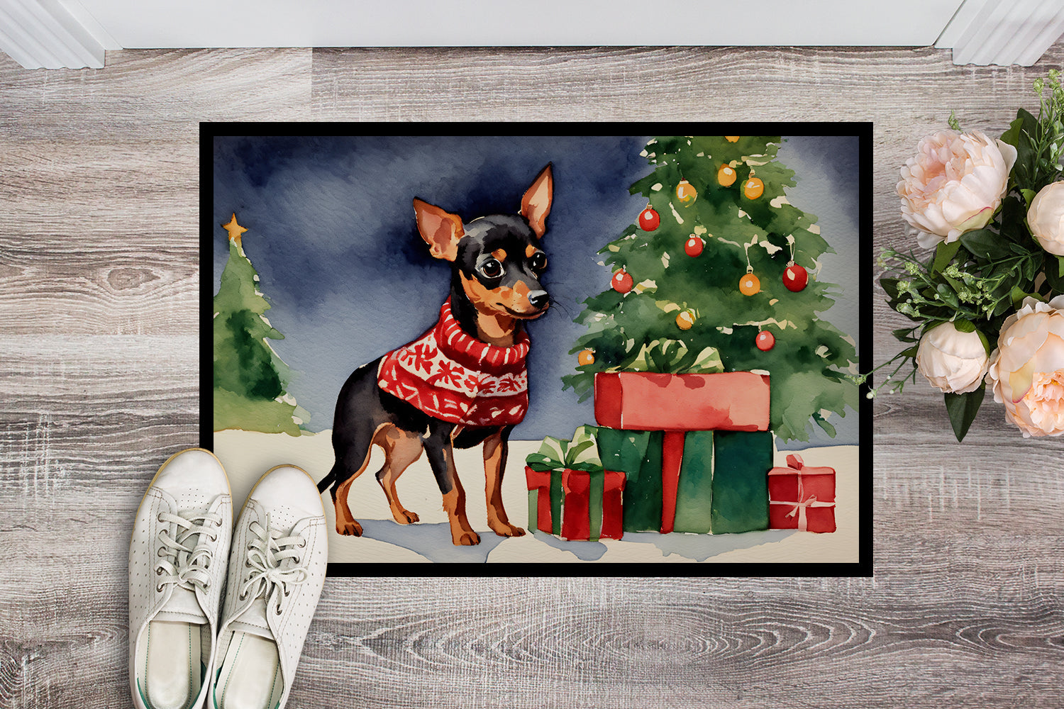 Miniature Pinscher Cozy Christmas Doormat Indoor Outdoor 24H X 36W Front Door Mat Rugs for Entryway, Non Slip Washable Low Pile,