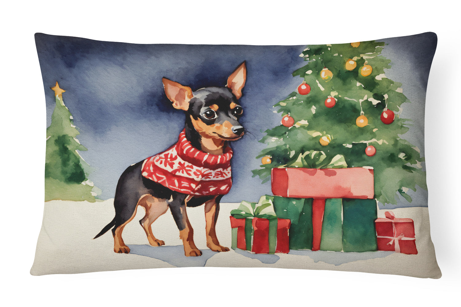 Miniature Pinscher Cozy Christmas Decorative Throw Pillow 12x16 Indoor Outdoor Accent Cushion, Fabric Cover with Insert for Sofa, Bed, Porch & Living Room