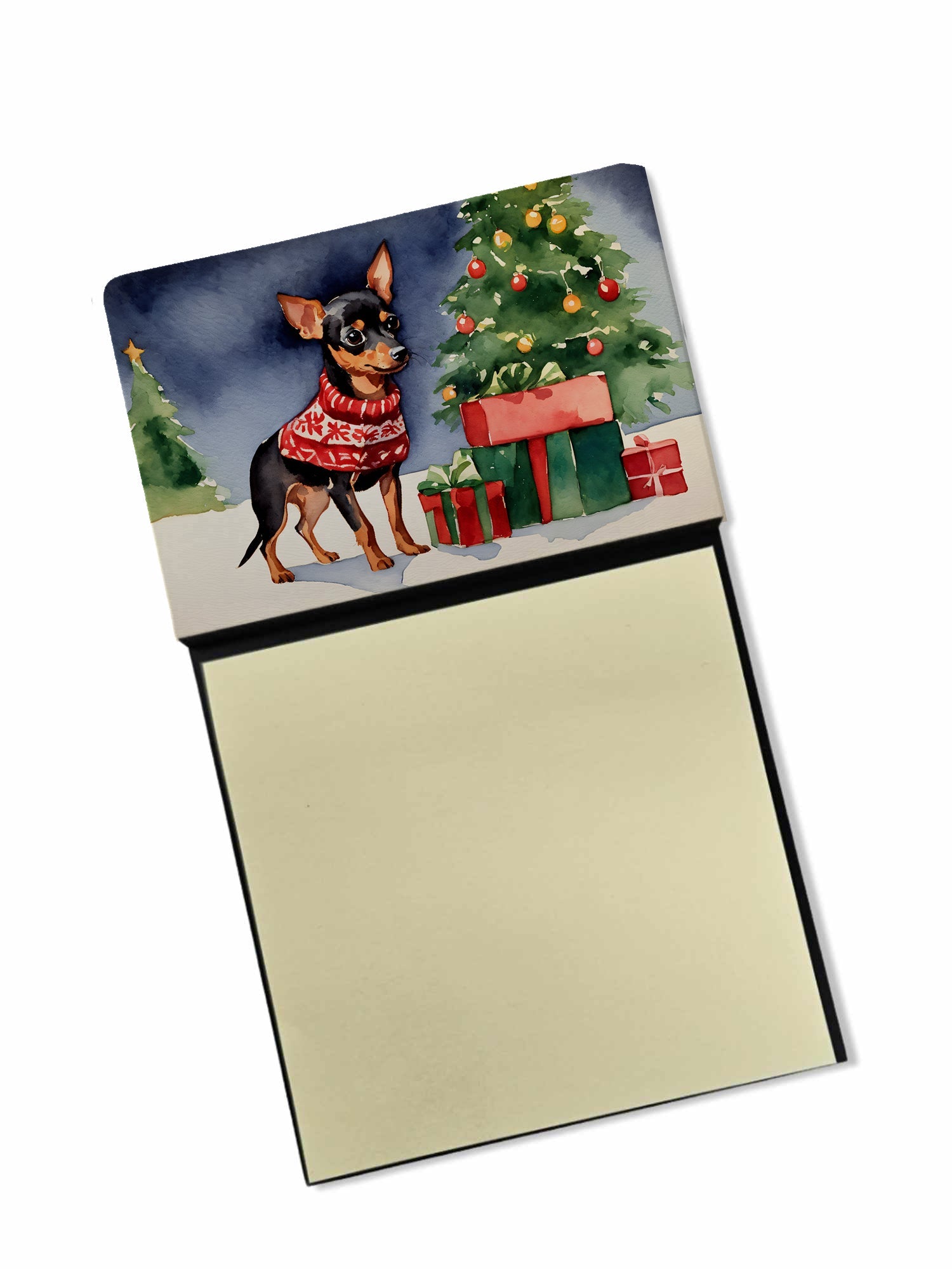 Miniature Pinscher Cozy Christmas Watercolor Sticky Note Holder Refillable Dispenser Desk Accessory 3x3 Pad Gift