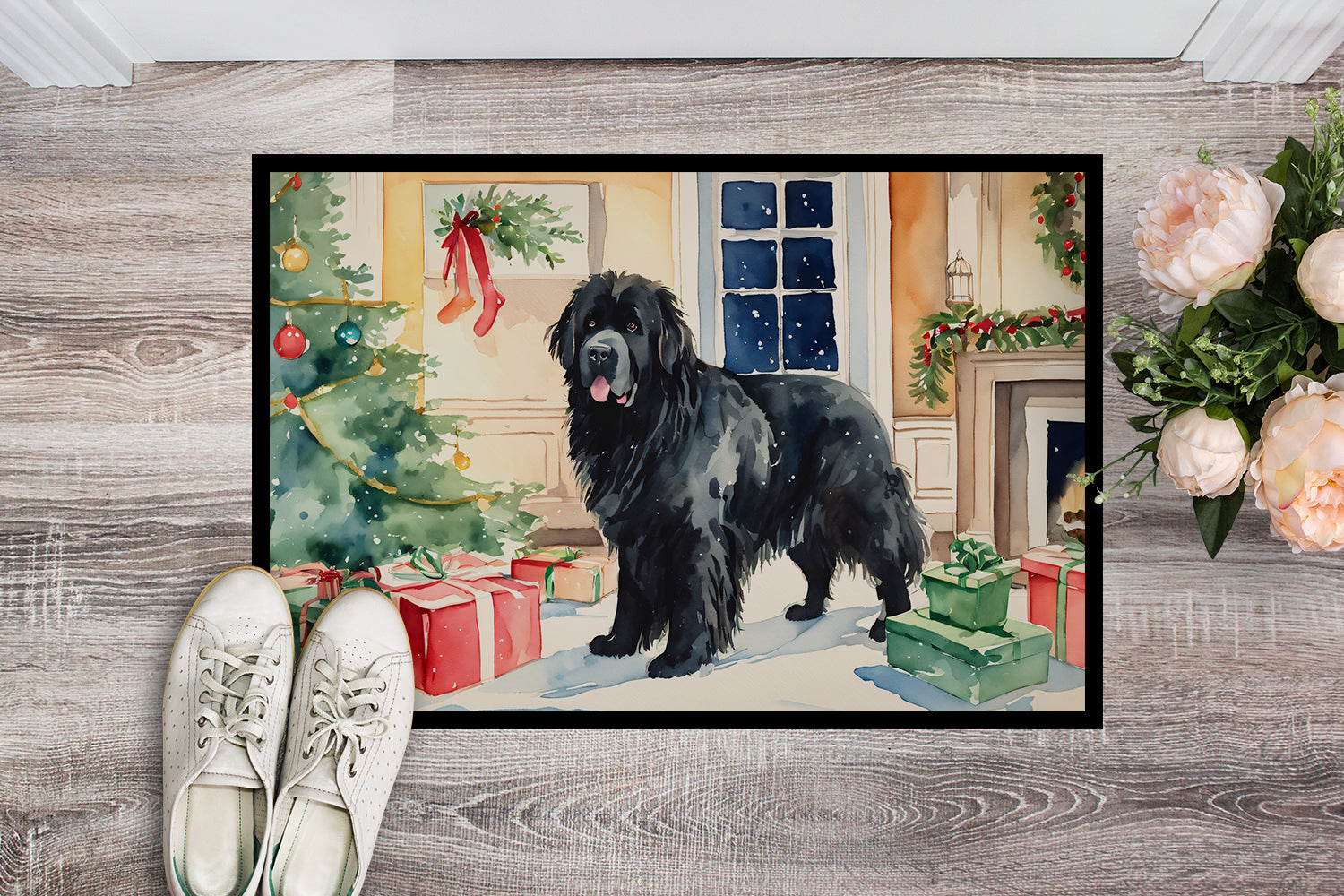 Newfoundland Cozy Christmas Doormat Indoor Outdoor 24H X 36W Front Door Mat Rugs for Entryway, Non Slip Washable Low Pile,