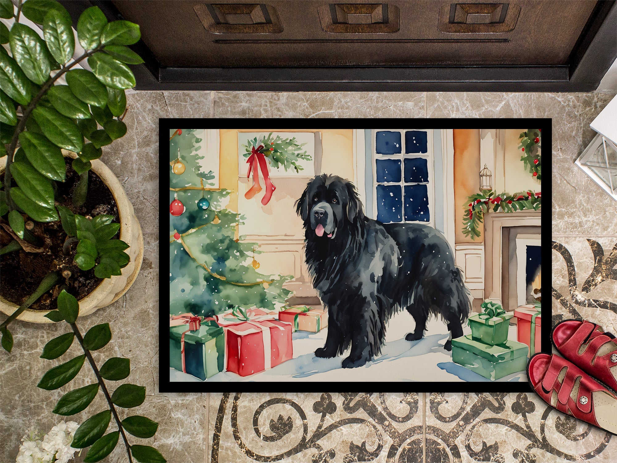 Newfoundland Cozy Christmas Doormat Indoor Outdoor 18H X 27W Front Door Mat Rugs for Entryway, Non Slip Washable