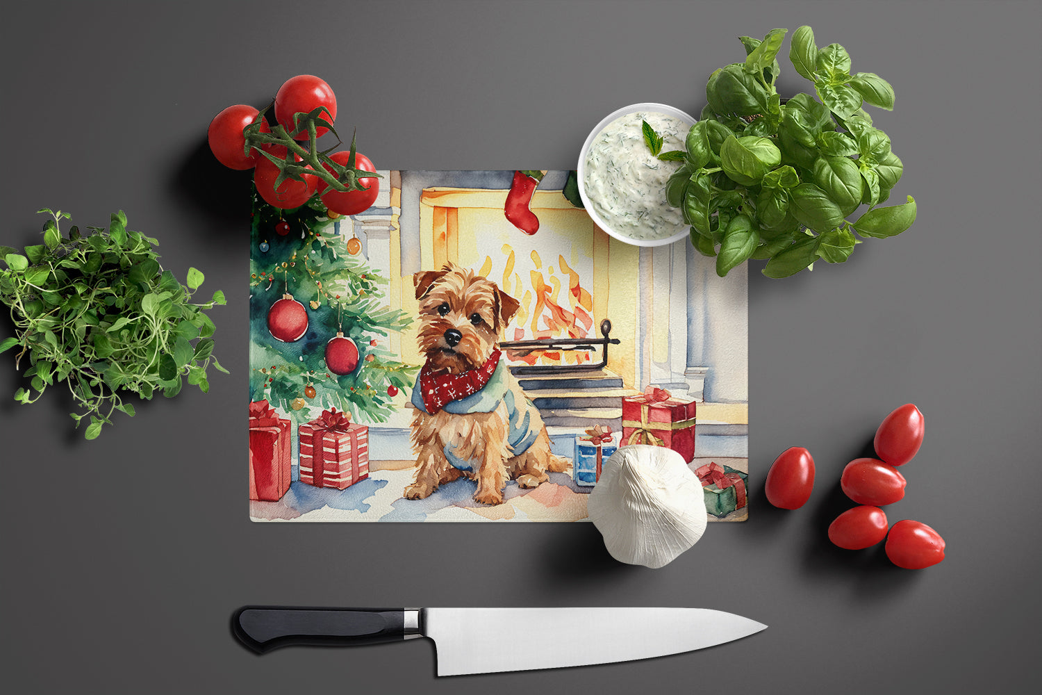 Norfolk Terrier Cozy Christmas Cutting Board Tempered Glass Kitchen Cutting Surface, Heat Resistant Chopping, Non-Slip Feet, Food Prep & Serving
