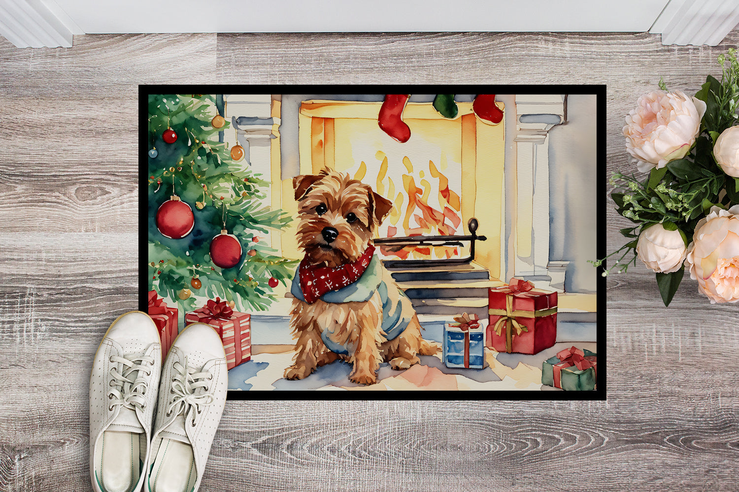 Norfolk Terrier Cozy Christmas Doormat Indoor Outdoor 18H X 27W Front Door Mat Rugs for Entryway, Non Slip Washable