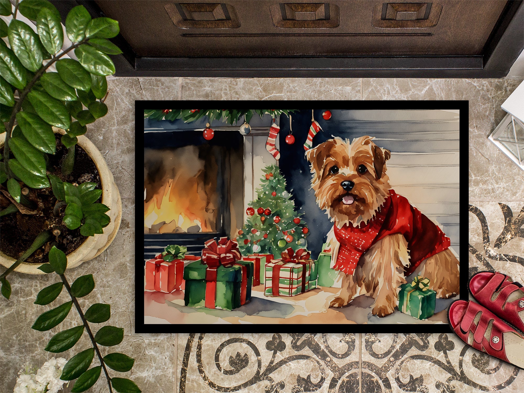 Norfolk Terrier Cozy Christmas Doormat Indoor Outdoor 24H X 36W Front Door Mat Rugs for Entryway, Non Slip Washable Low Pile,