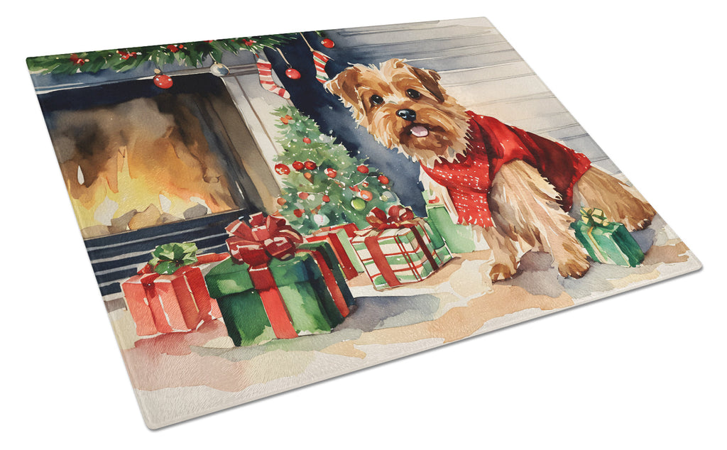 Norfolk Terrier Cozy Christmas Cutting Board Tempered Glass Kitchen Cutting Surface, Heat Resistant Chopping, Non-Slip Feet, Food Prep & Serving