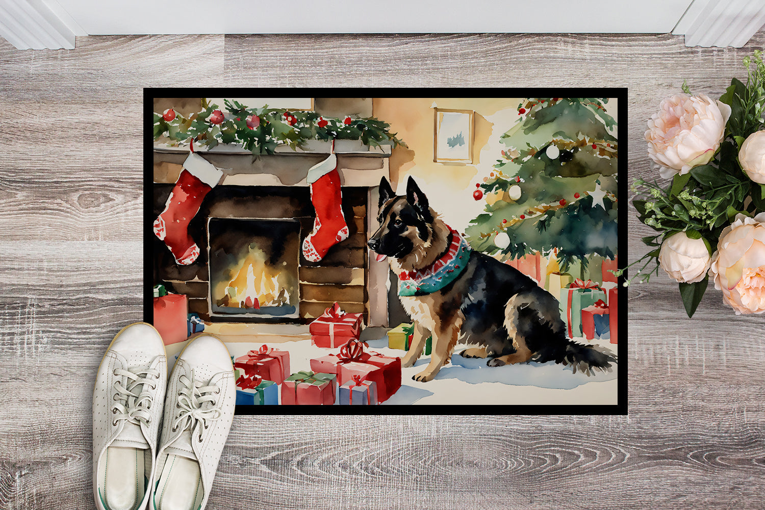 Norwegian Buhund Cozy Christmas Doormat Indoor Outdoor 24H X 36W Front Door Mat Rugs for Entryway, Non Slip Washable Low Pile,