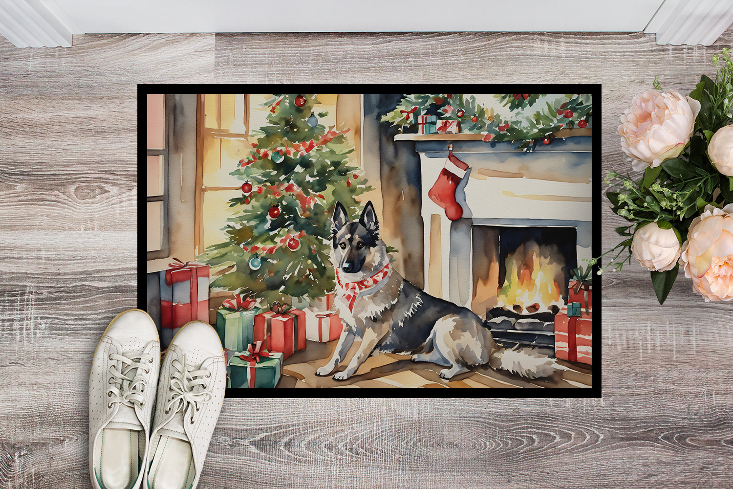 Norwegian Elkhound Cozy Christmas Doormat Indoor Outdoor 24H X 36W Front Door Mat Rugs for Entryway, Non Slip Washable Low Pile,
