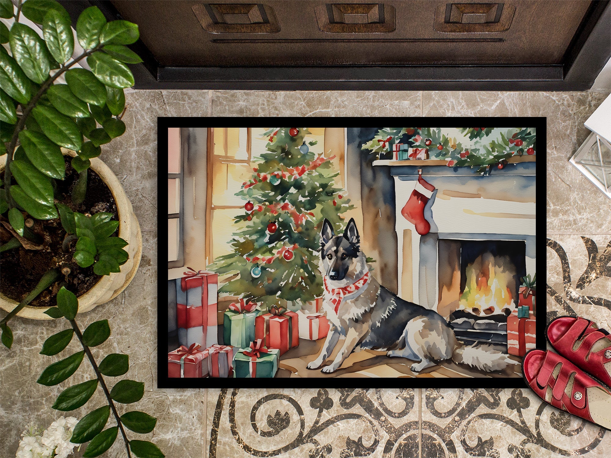 Norwegian Elkhound Cozy Christmas Doormat Indoor Outdoor 18H X 27W Front Door Mat Rugs for Entryway, Non Slip Washable