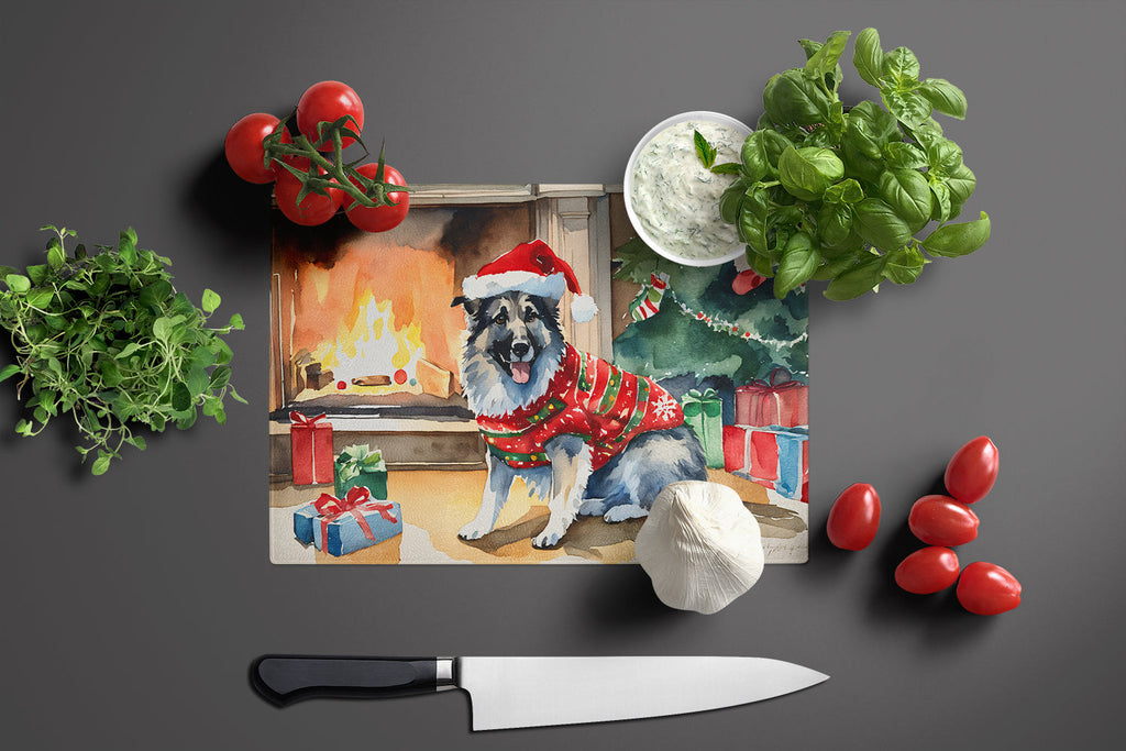 Norwegian Elkhound Cozy Christmas Cutting Board Tempered Glass Kitchen Cutting Surface, Heat Resistant Chopping, Non-Slip Feet, Food Prep & Serving