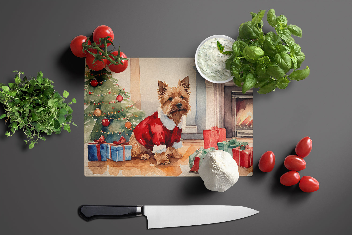Norwich Terrier Cozy Christmas Cutting Board Tempered Glass Kitchen Cutting Surface, Heat Resistant Chopping, Non-Slip Feet, Food Prep & Serving