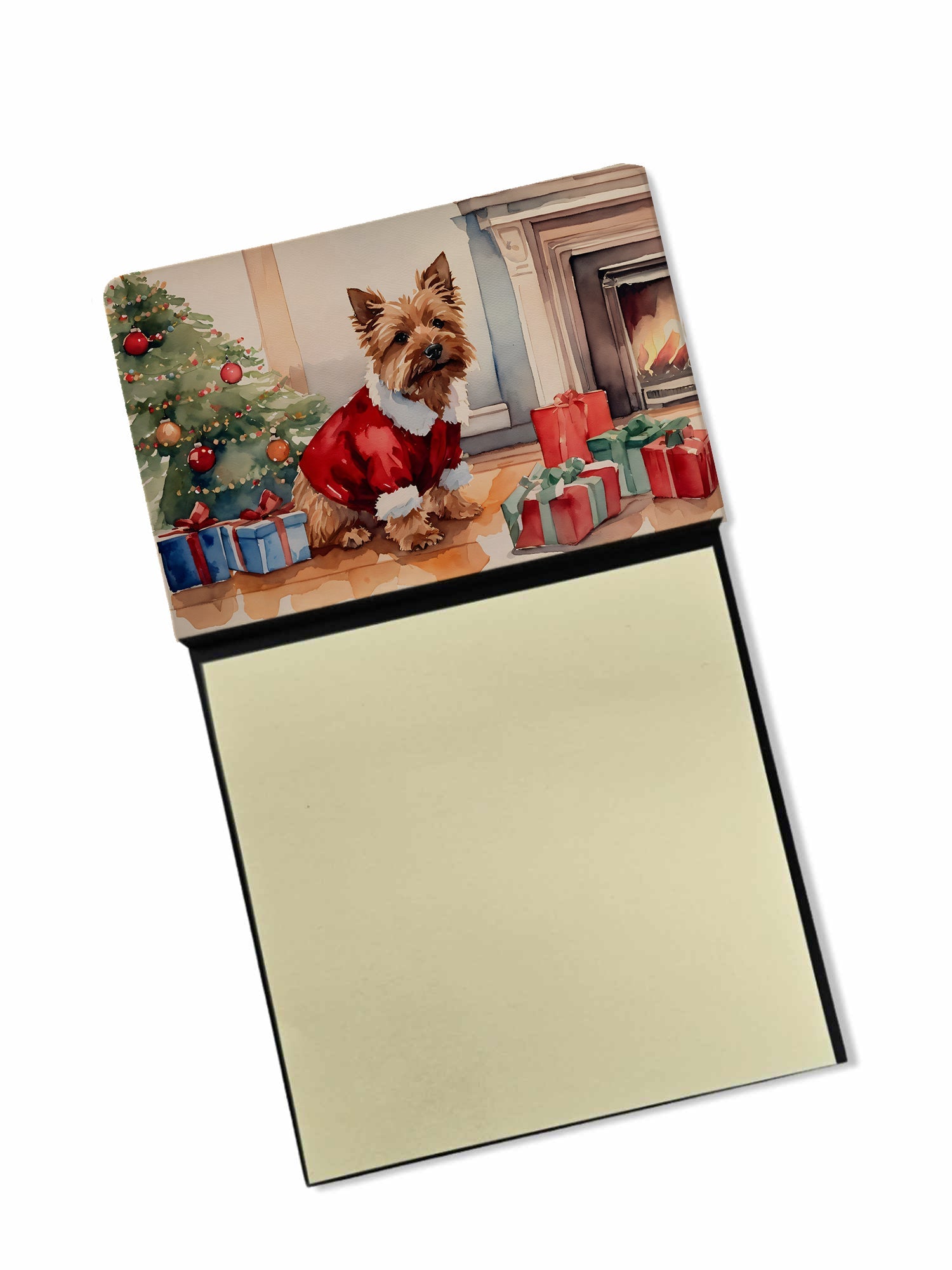 Norwich Terrier Cozy Christmas Watercolor Sticky Note Holder Refillable Dispenser Desk Accessory 3x3 Pad Gift