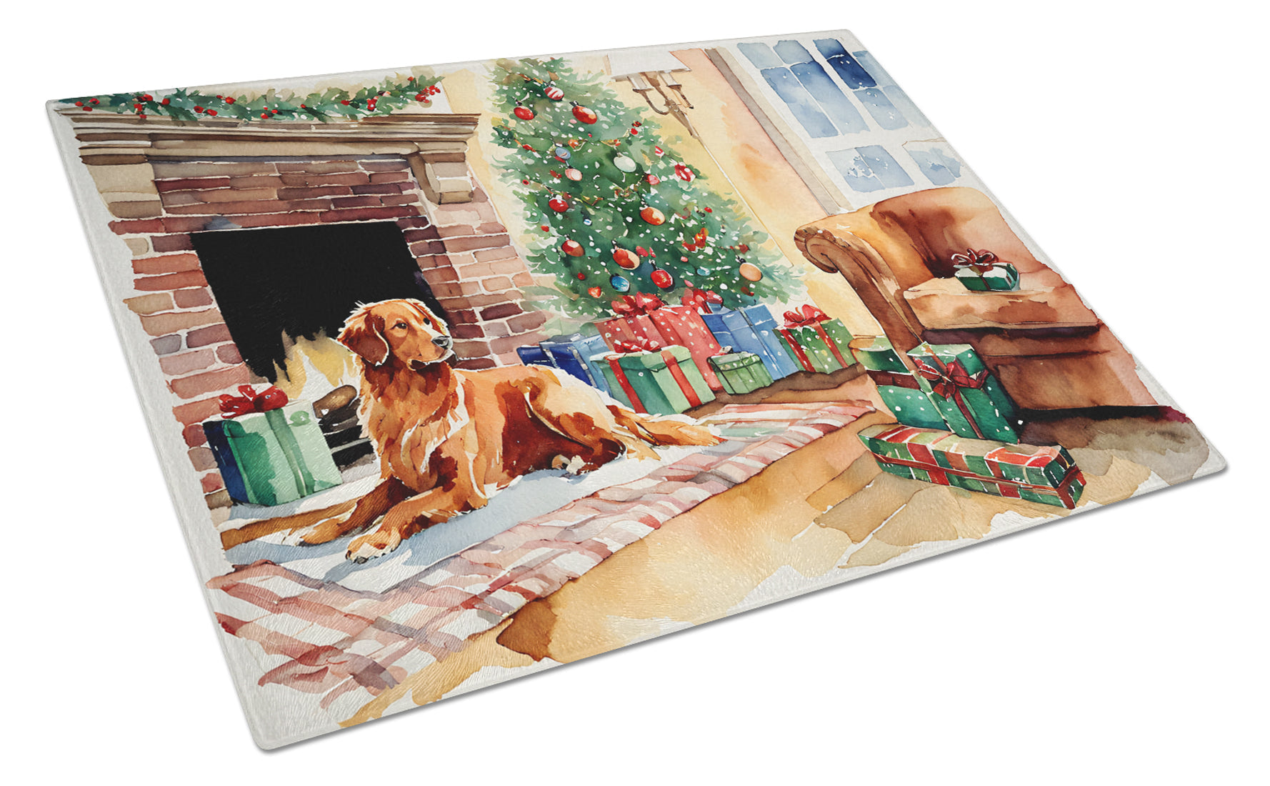 Nova Scotia Duck Tolling Retriever Cozy Christmas Cutting Board Tempered Glass Kitchen Cutting Surface, Heat Resistant Chopping, Non-Slip Feet, Food Prep & Serving