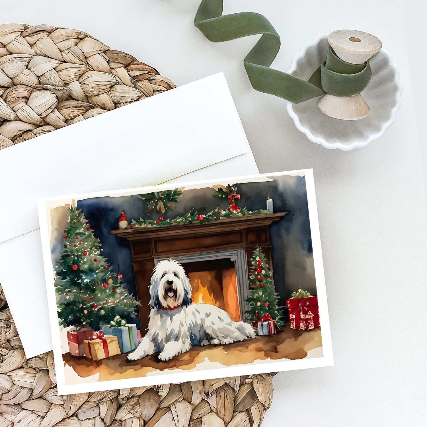 Old English Sheepdog Cozy Christmas Greeting Cards Pack of 8 Blank Cards with Envelopes Whimsical A7 Size 5x7