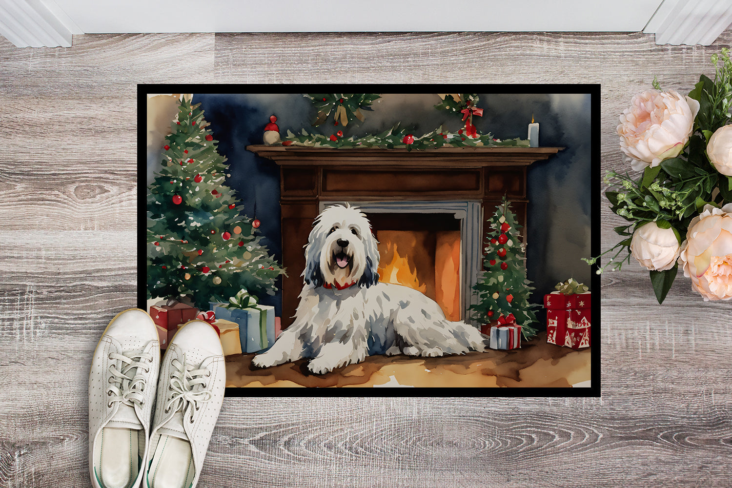 Old English Sheepdog Cozy Christmas Doormat Indoor Outdoor 24H X 36W Front Door Mat Rugs for Entryway, Non Slip Washable Low Pile,