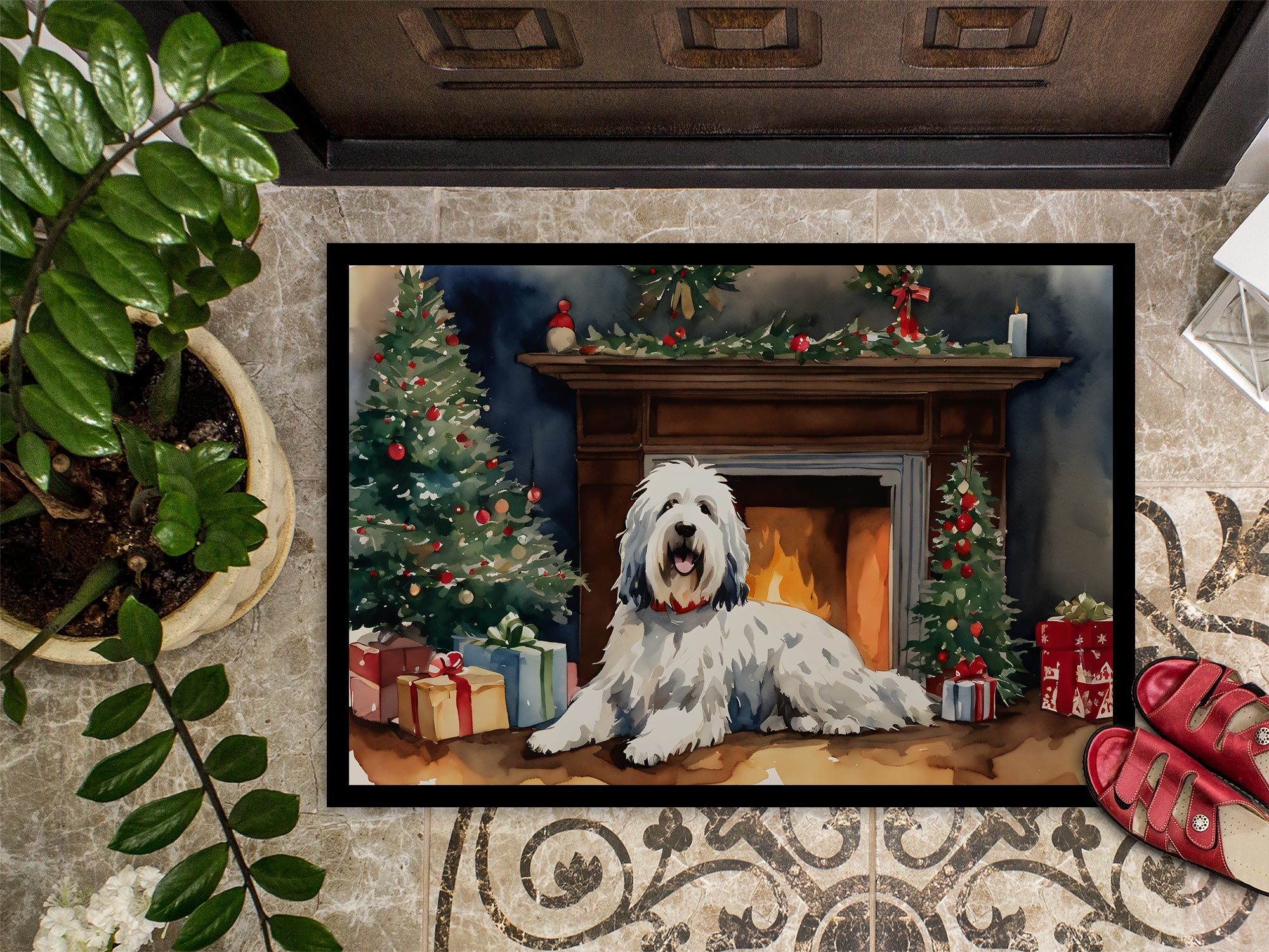 Old English Sheepdog Cozy Christmas Doormat Indoor Outdoor 18H X 27W Front Door Mat Rugs for Entryway, Non Slip Washable