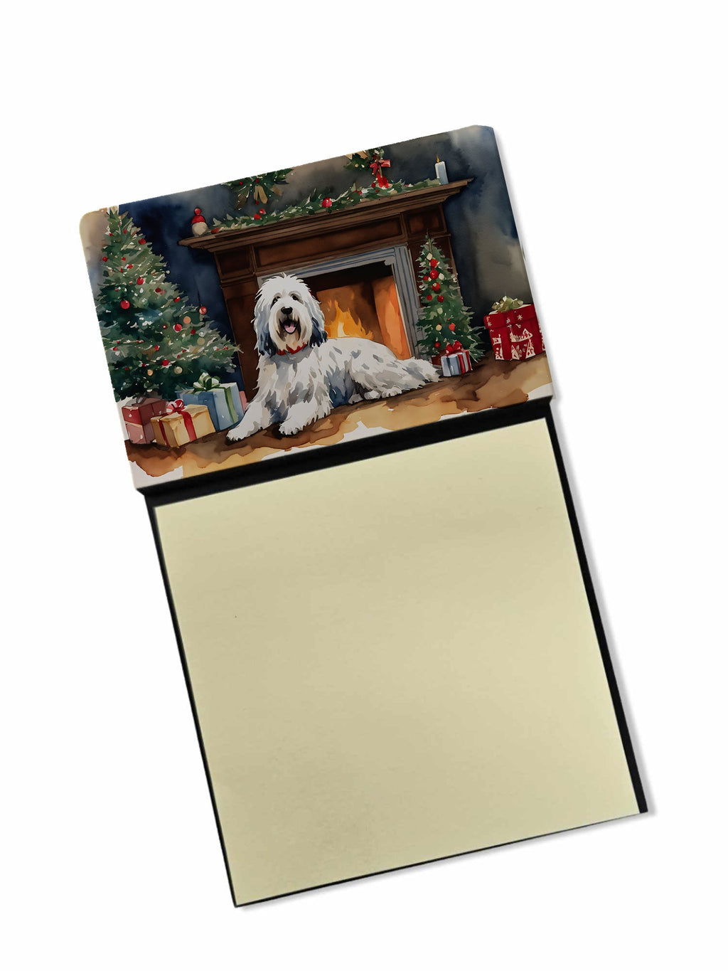 Old English Sheepdog Cozy Christmas Watercolor Sticky Note Holder Refillable Dispenser Desk Accessory 3x3 Pad Gift