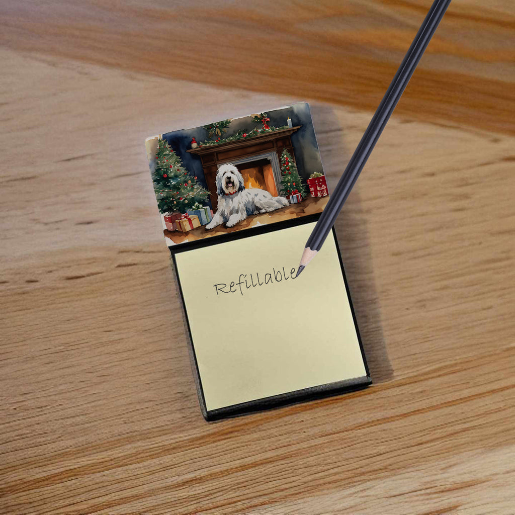 Old English Sheepdog Cozy Christmas Watercolor Sticky Note Holder Refillable Dispenser Desk Accessory 3x3 Pad Gift