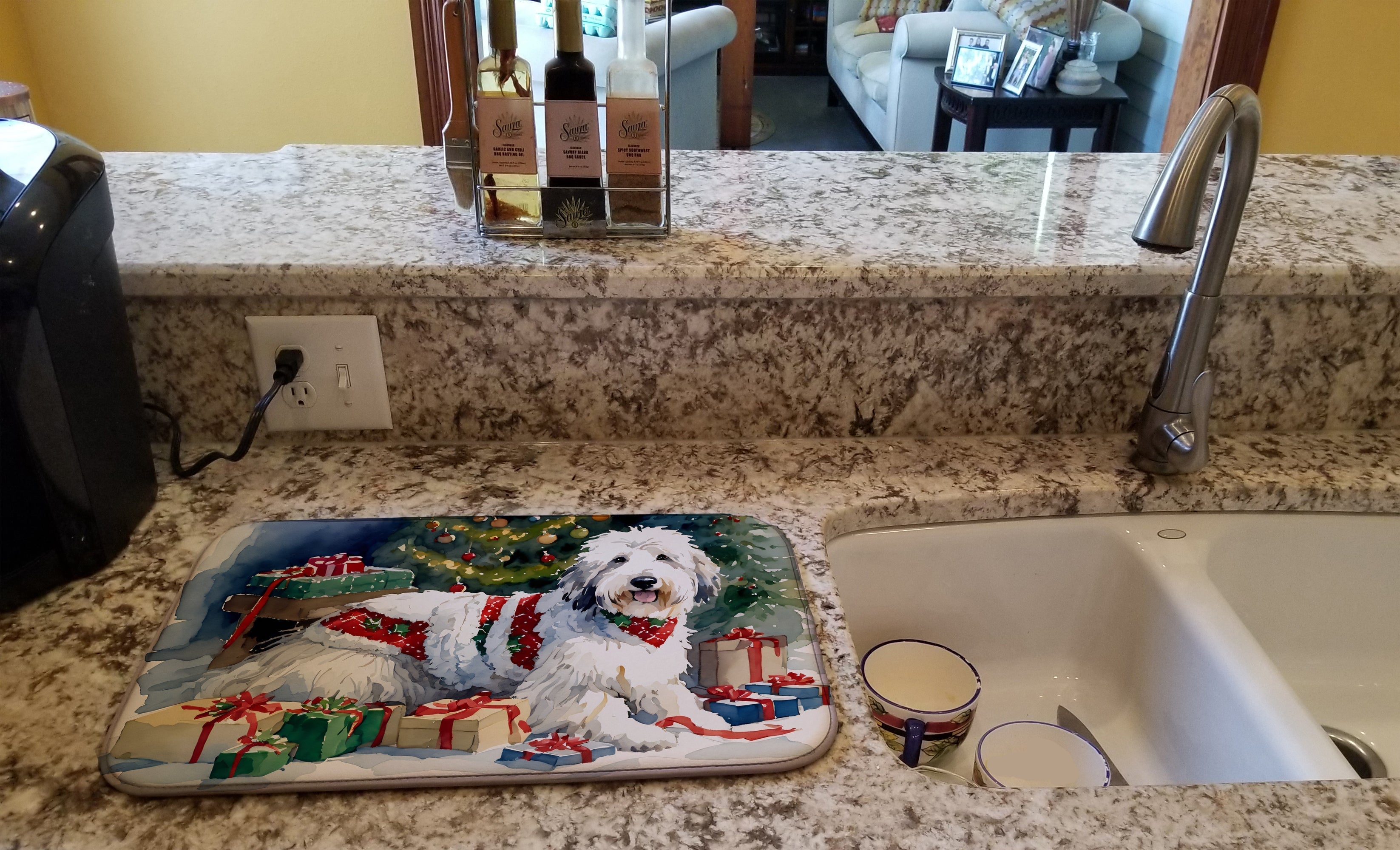 Old English Sheepdog Cozy Christmas Dish Drying Mat Absorbent Dish Drying Mat Pad for Kitchen Counter Dish Drainer Mat for Countertop, 14 x 21", Multicolor